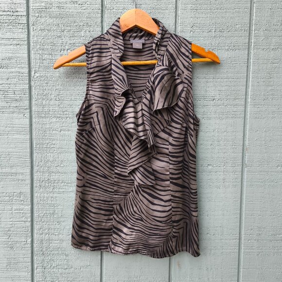 Ann Taylor Tops - y2k Ann Taylor Stretch Silk Ruffle Zebra Sleeveless Blouse sz 0 Black Gray